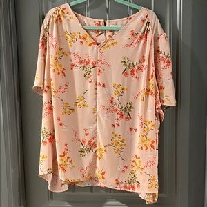 Liz Claiborne Floral V-Neck Blouse - Pink and Orange